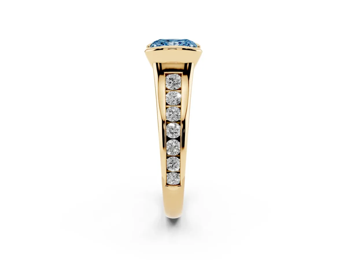 Fancy Blue Princess Cut Solitaire Bezel-Set Diamond Ring with Channel-Set Band Yellow gold