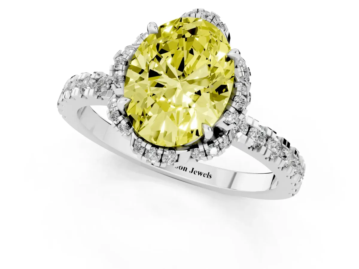 Fancy Yellow Oval Cut Diamond Halo Pave Band with Four-Prong Setting Silver