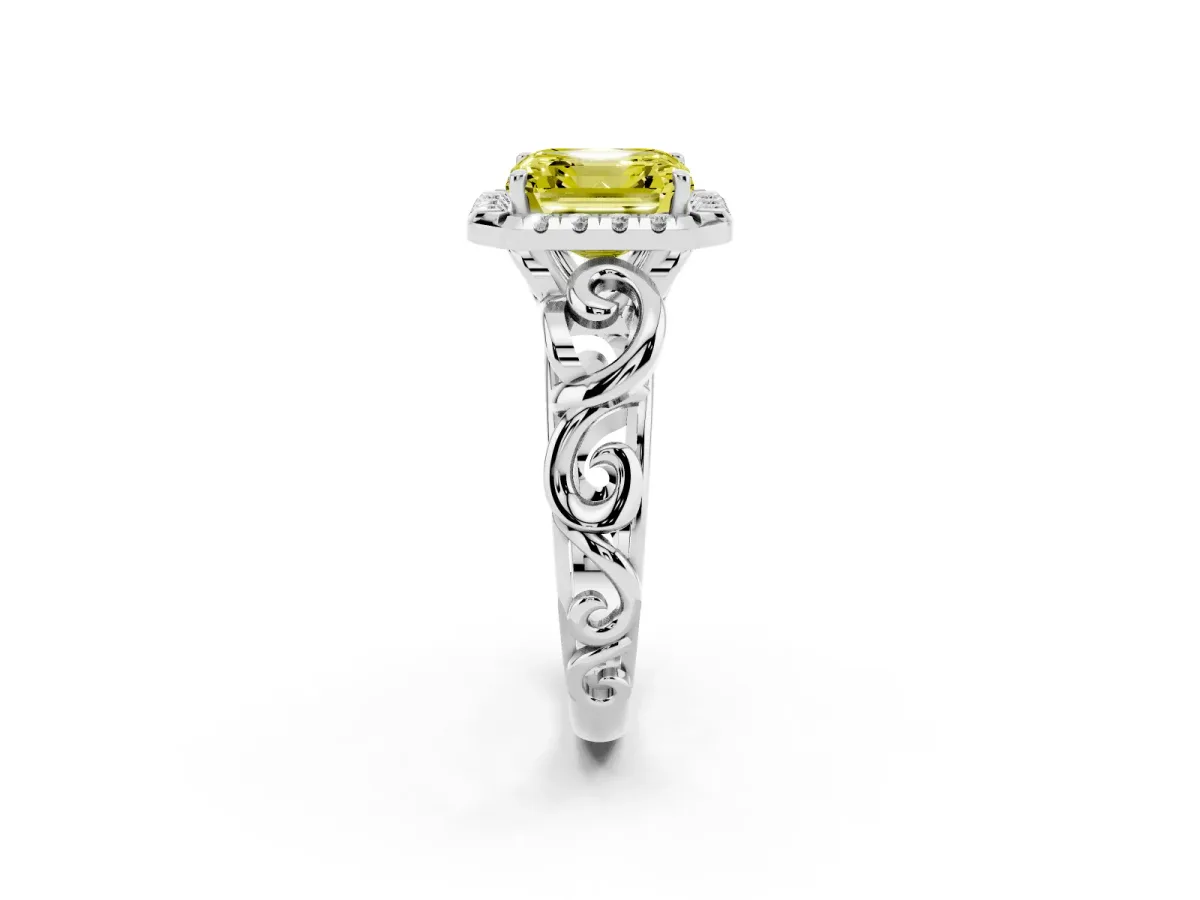 Fancy Yellow Asscher Cut Cut Halo Diamond Ring with Scrollwork Band and Four-Prong Setting Silver