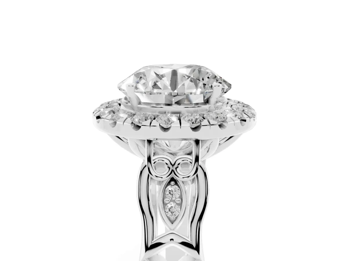Round Cut Halo Diamond Engagement Ring with Filigree Band and Four-Prong Setting White gold