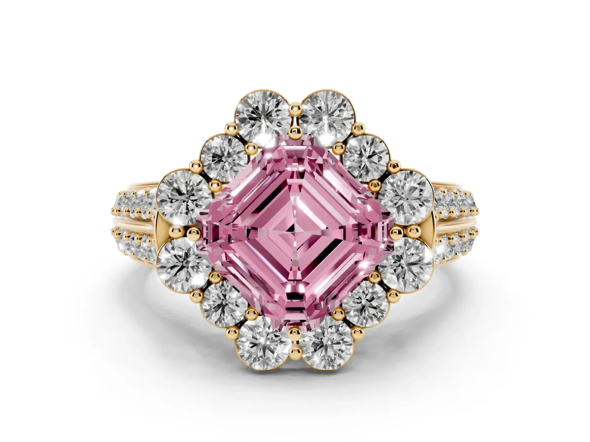 Fancy Pink Asscher Cut Halo Diamond Engagement Ring with Split Shank and Prong Setting Yellow gold