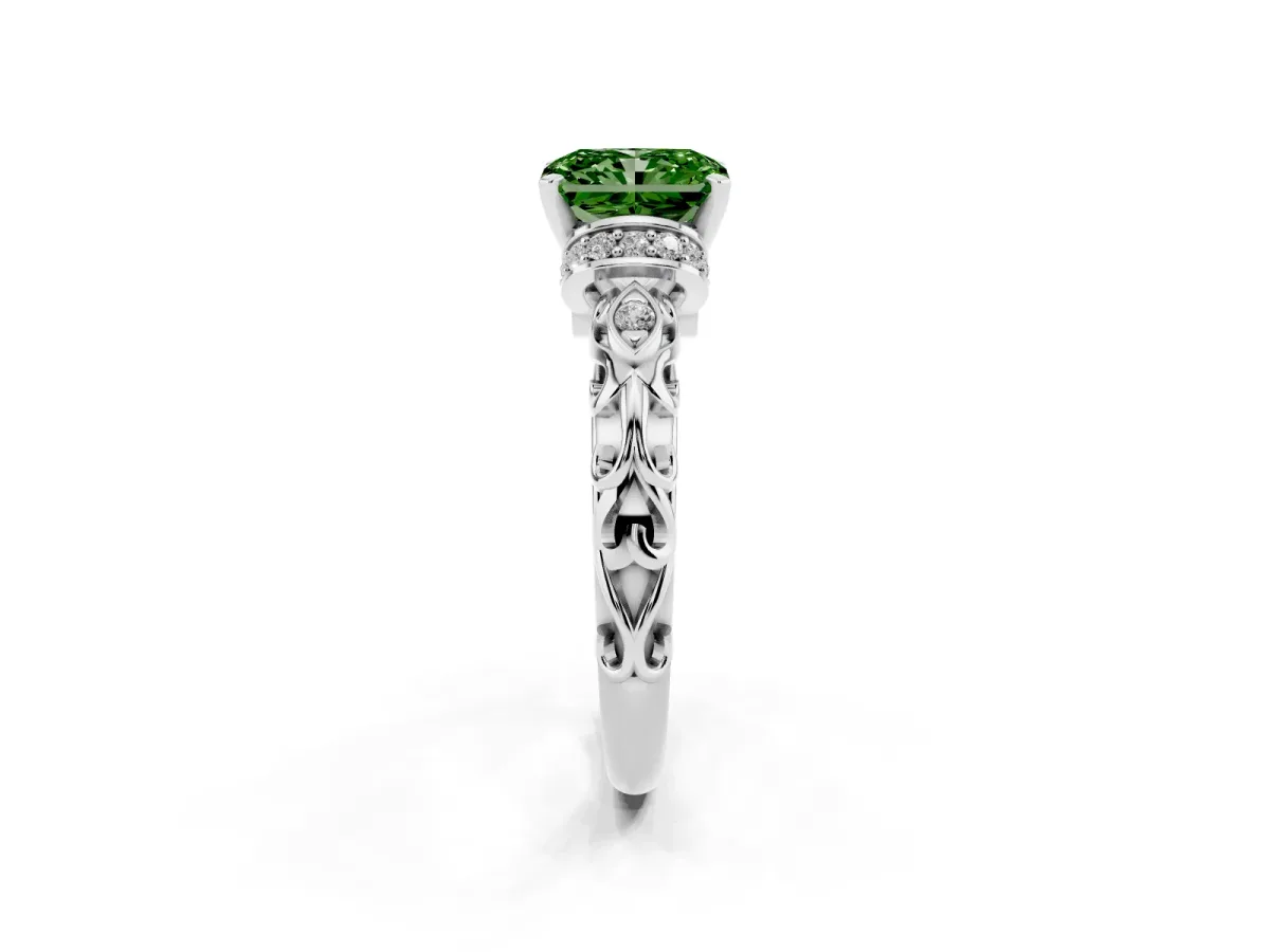 Fancy Green Radiant Cut Diamond Solitaire Ring with Filigree Band and Four-Prong Setting Silver