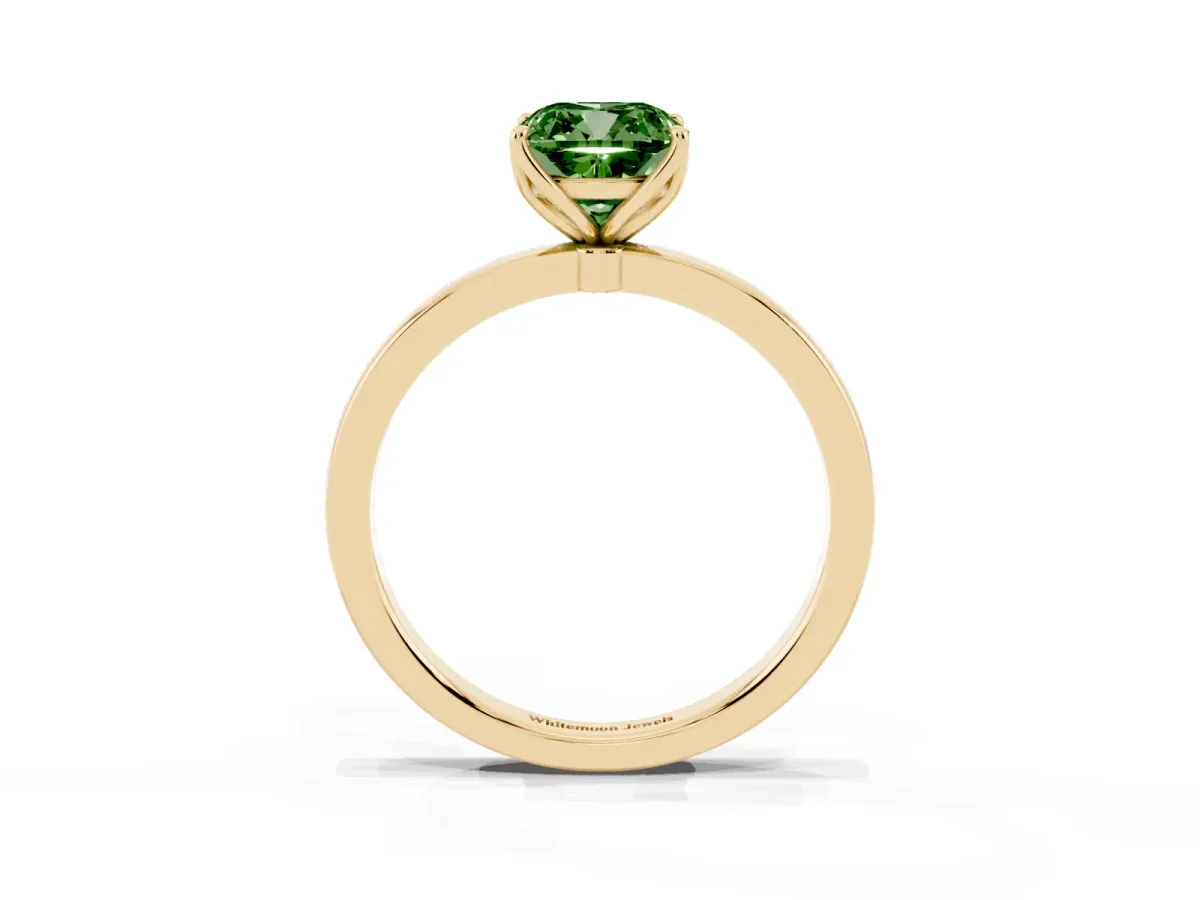 Fancy Green Cushion Cut Diamond Solitaire Ring with Thin Band and Prong Setting Yellow gold