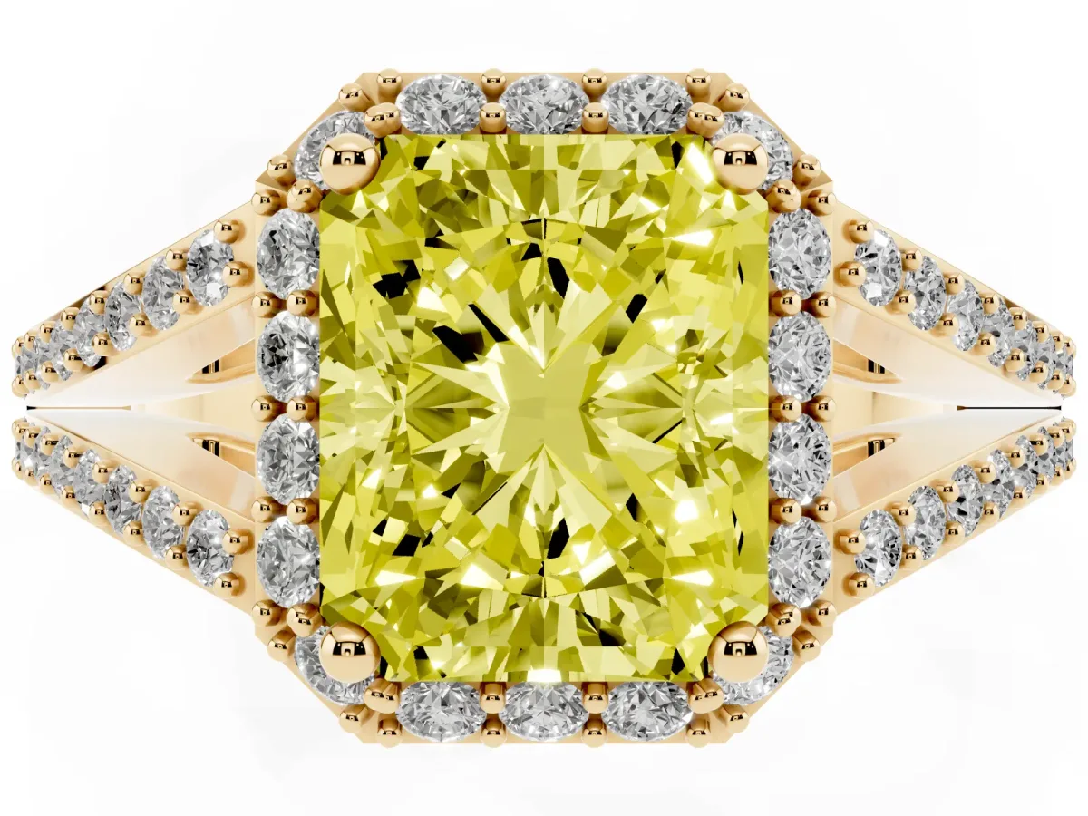 Fancy Yellow Radiant Cut Halo Split Shank Diamond Ring with Prong Setting Yellow gold