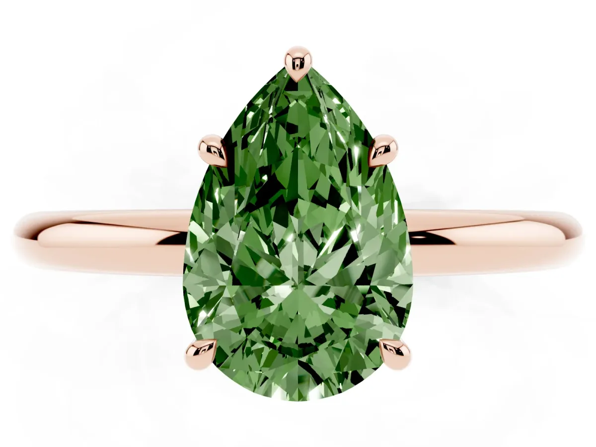 Fancy Green Pear Cut Diamond Solitaire Ring with Thin Band and Four-Prong Setting Rose gold