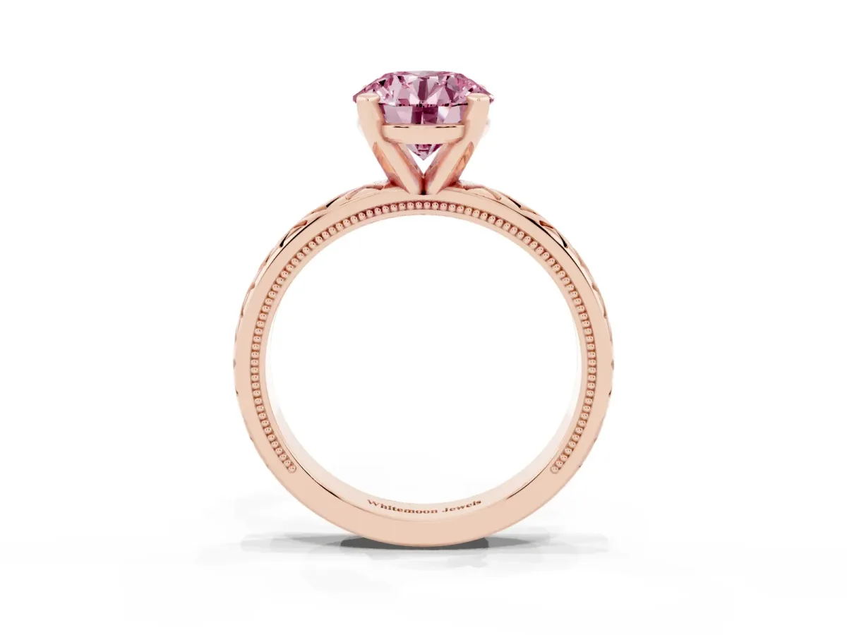 Fancy Pink Round Cut Solitaire Diamond Ring with Milgrain and Black Enamel X Pattern Band Rose gold