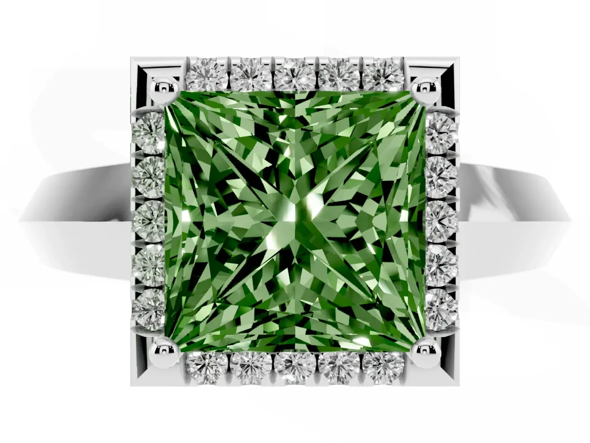 Fancy Green Princess Cut Halo Diamond Ring with Cathedral Band and Four-Prong Setting White gold