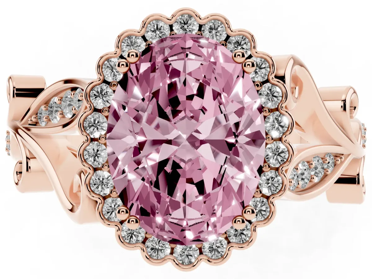 Fancy Pink Oval Cut Diamond Halo Ring with Vintage Split Shank and Four-Prong Setting Rose gold