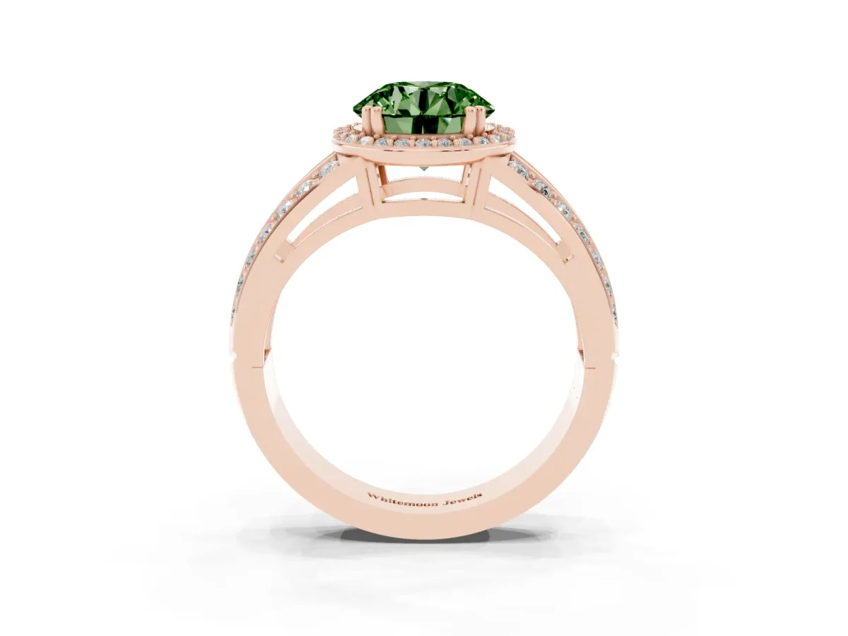Fancy Green Round Cut Diamond Halo Ring with Split Shank Pavé Band and Four-Prong Setting Rose gold