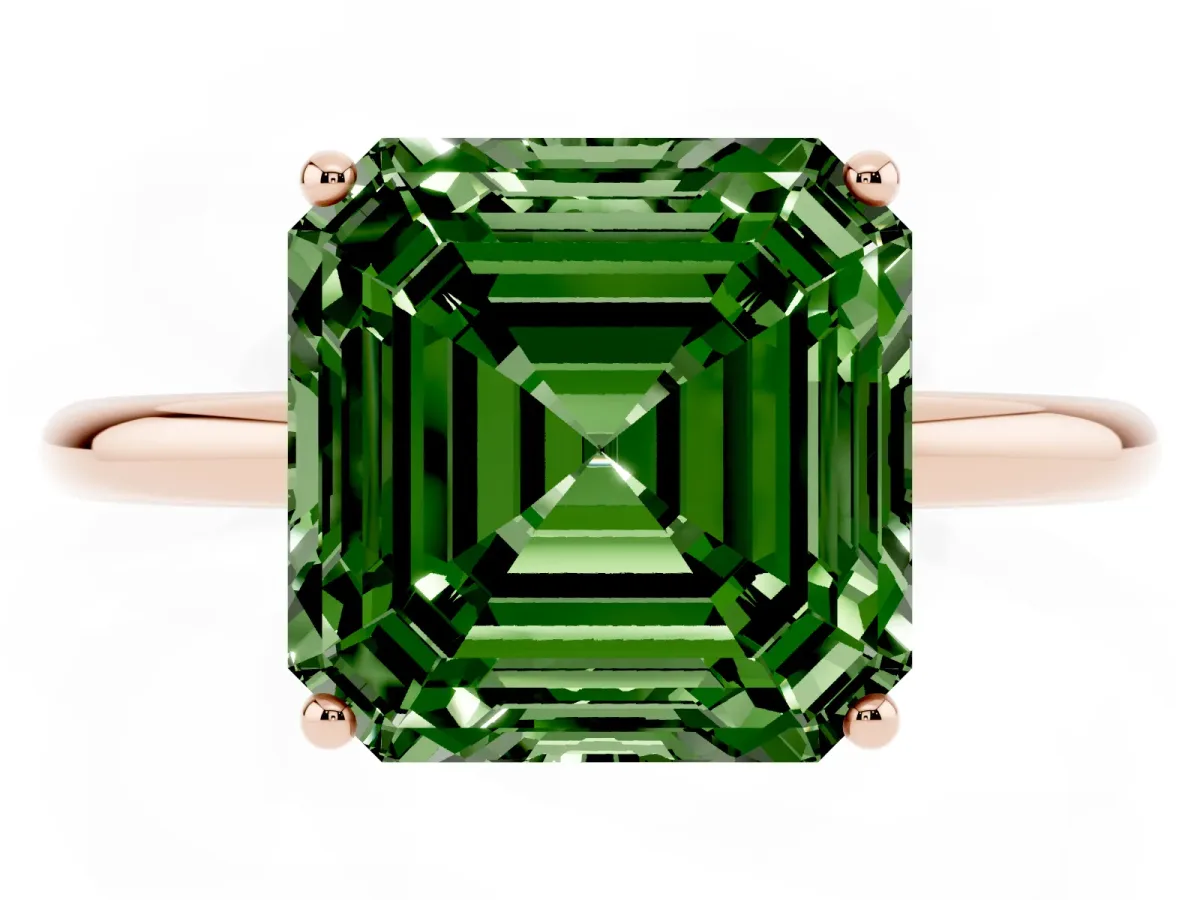 Fancy Green Asscher Cut Solitaire Diamond Ring with a Classic Band and Four-Prong Setting Rose gold