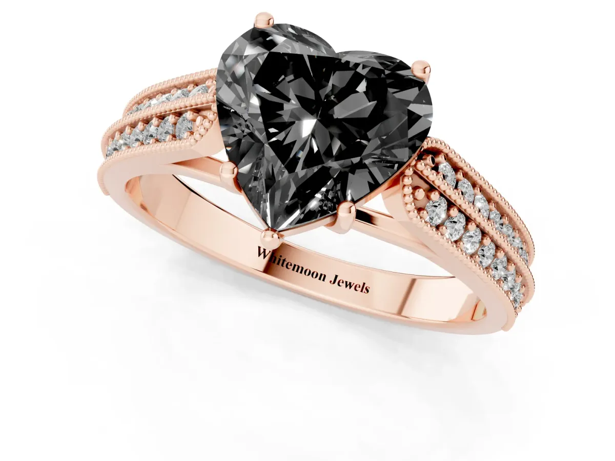 Fancy Black Heart Cut Cut Pave Split Shank Engagement Ring with Four-Prong Setting Rose gold