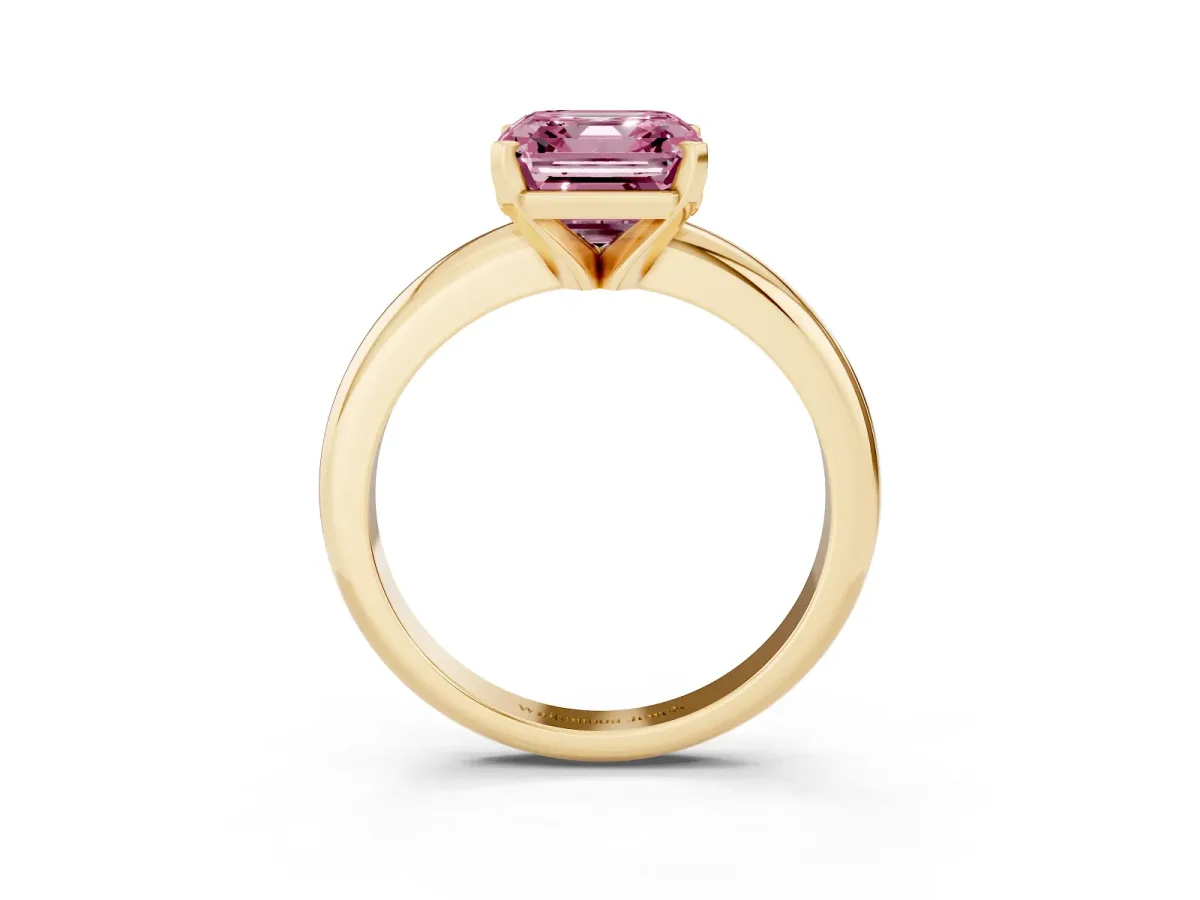 Fancy Pink Asscher Cut Diamond Solitaire Engagement Ring with Round Band and Four-Prong Setting Yellow gold