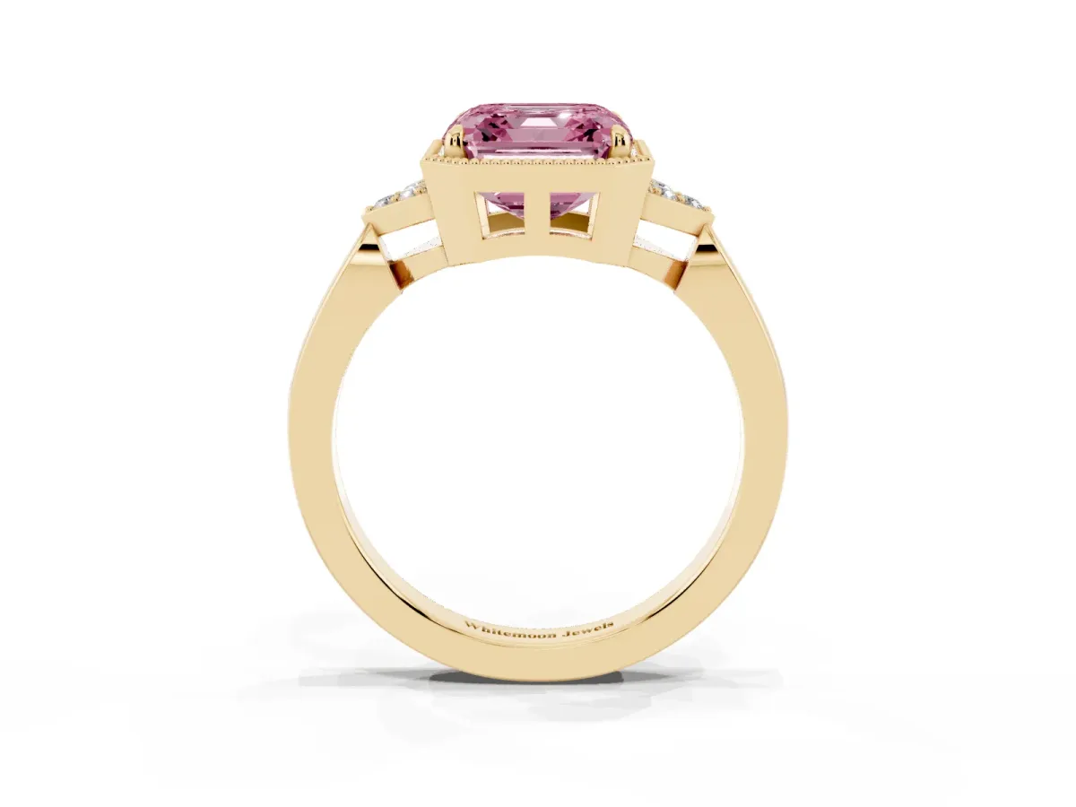 Fancy Pink Hexagonal Halo Asscher Cut Diamond Solitaire with Pavé Band and Four-Prong Setting Yellow gold