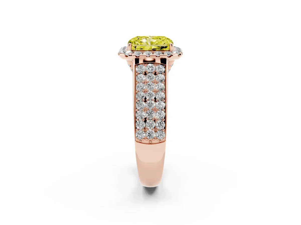 Fancy Yellow Radiant Cut Halo Round Diamond Pave Band with Prong Setting Rose gold