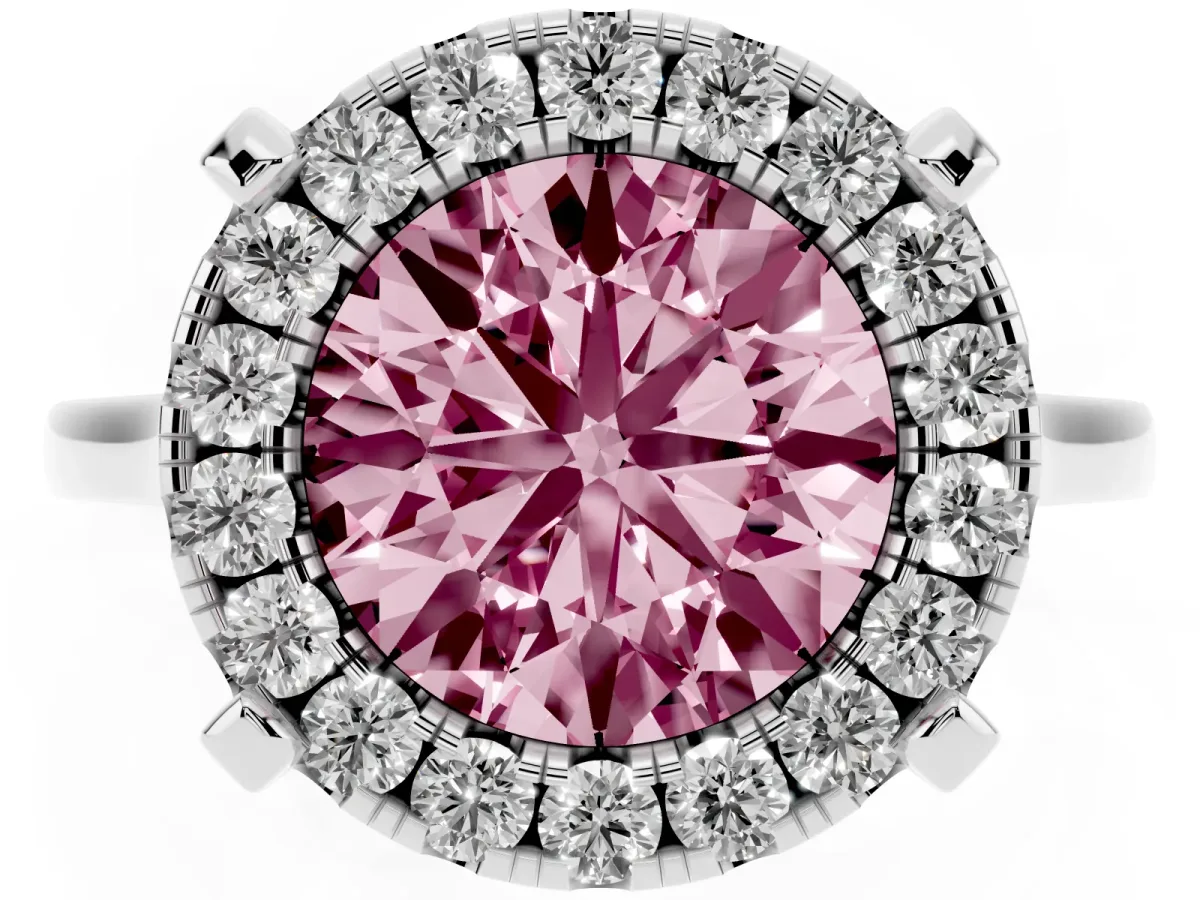Fancy Pink Round Cut Diamond Cluster Halo Solitaire with Four-Prong Setting Platinum