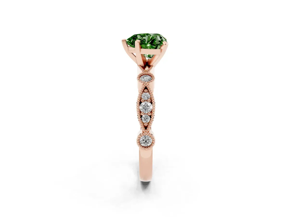 Fancy Green Heart Cut Milgrain Bezel Diamond Engagement Ring with Solitaire Prong Setting Rose gold