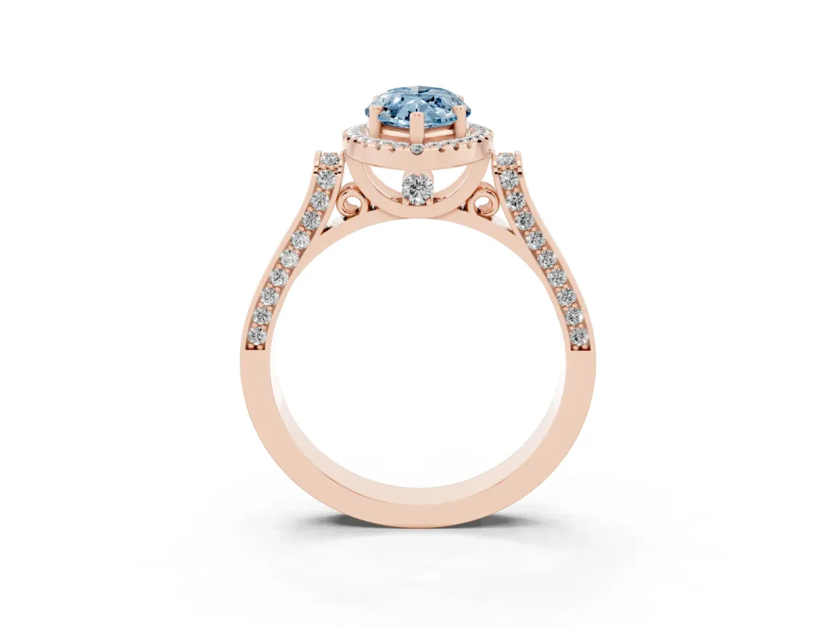 Fancy Blue Marquise Cut Halo Round Diamond Twist Band with Four-Prong Setting Rose gold