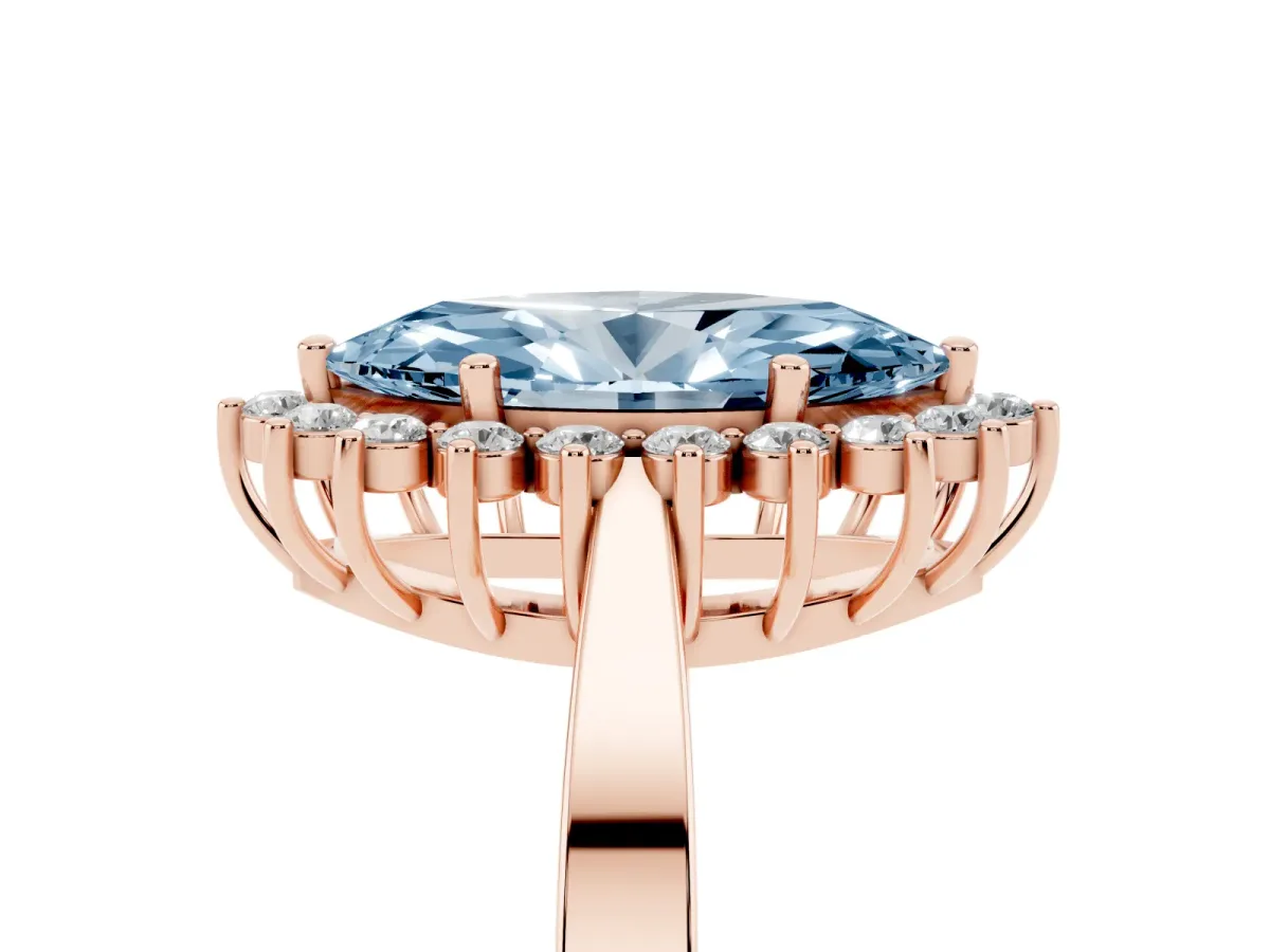 Fancy Blue Marquise Cut Cut Diamond Halo Ring with Round Brilliant Halo and Solitaire Band Rose gold
