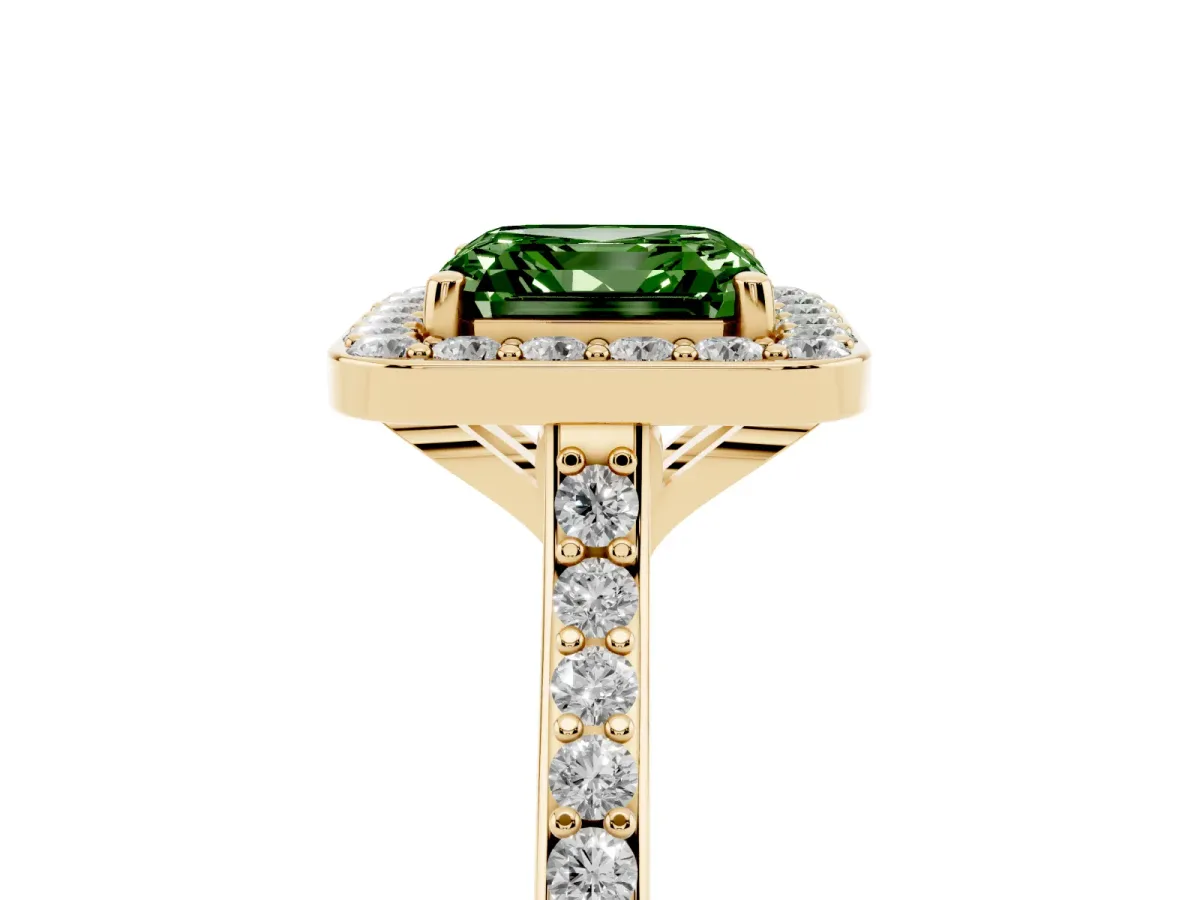 Fancy Green Asscher Cut Diamond Halo Engagement Ring with Round Pavé Shoulders and Prong Setting Yellow gold