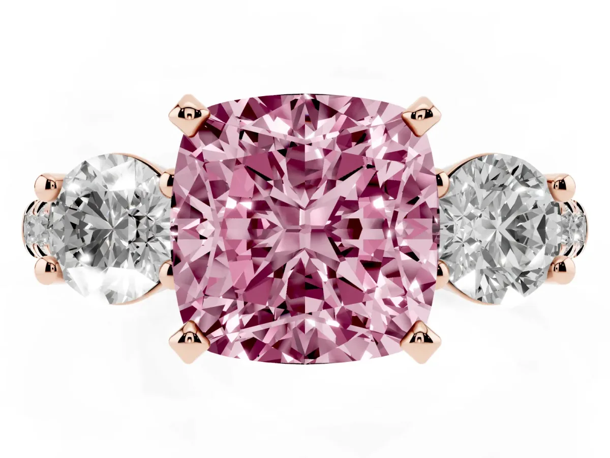 Fancy Pink Three-Stone Cushion Cut Diamond Pavé Band with Four-Prong Setting Rose gold