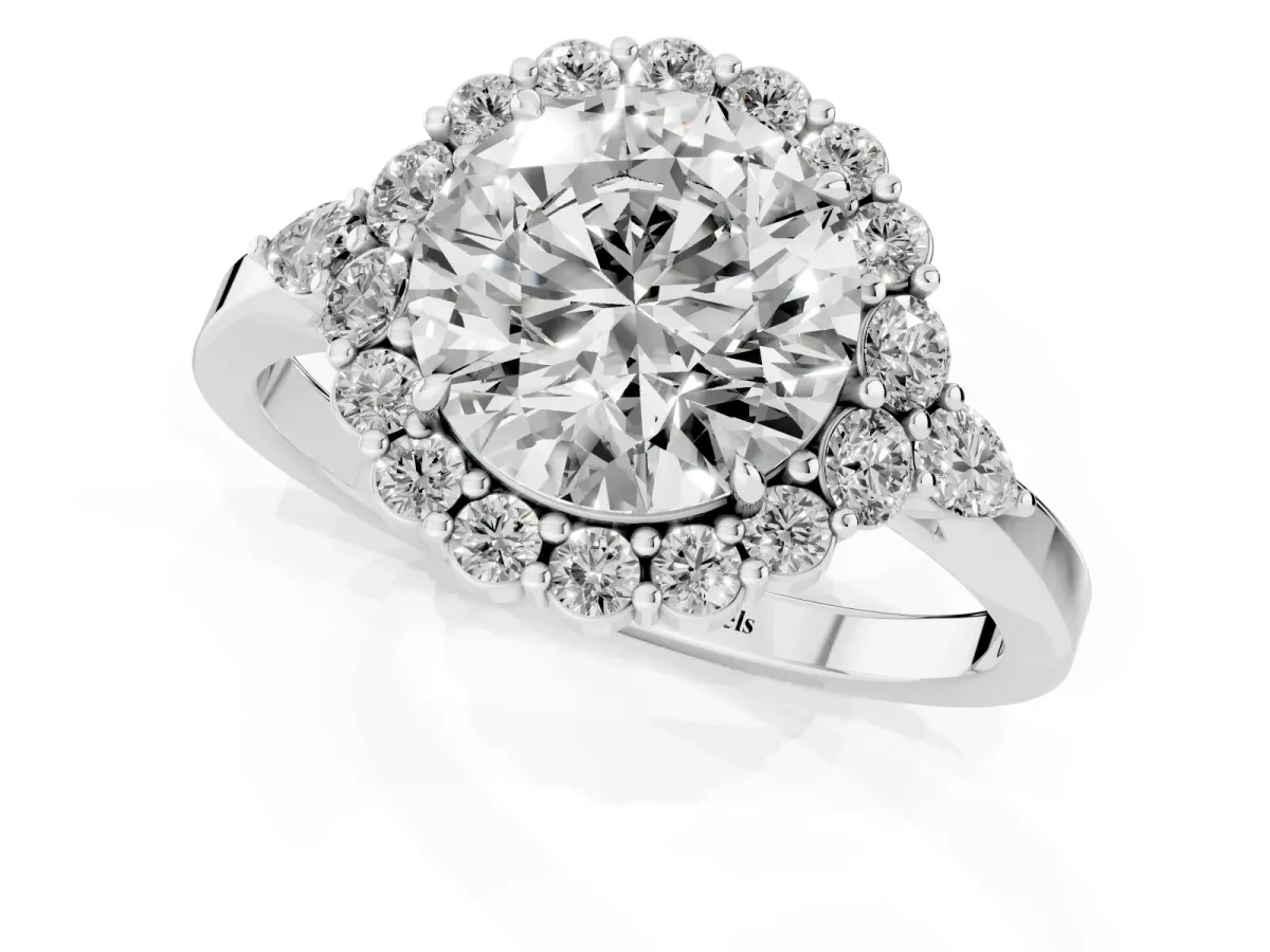 Round Cut Diamond Halo Ring with Pear Side Stones and Prong Setting Platinum
