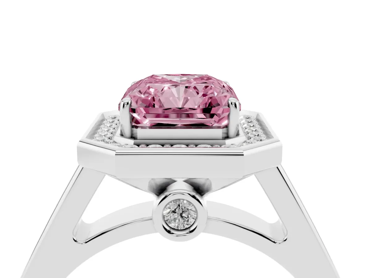 Fancy Pink Emerald Cut Halo Solitaire Diamond Ring with Pave Band and Bezel Setting Silver