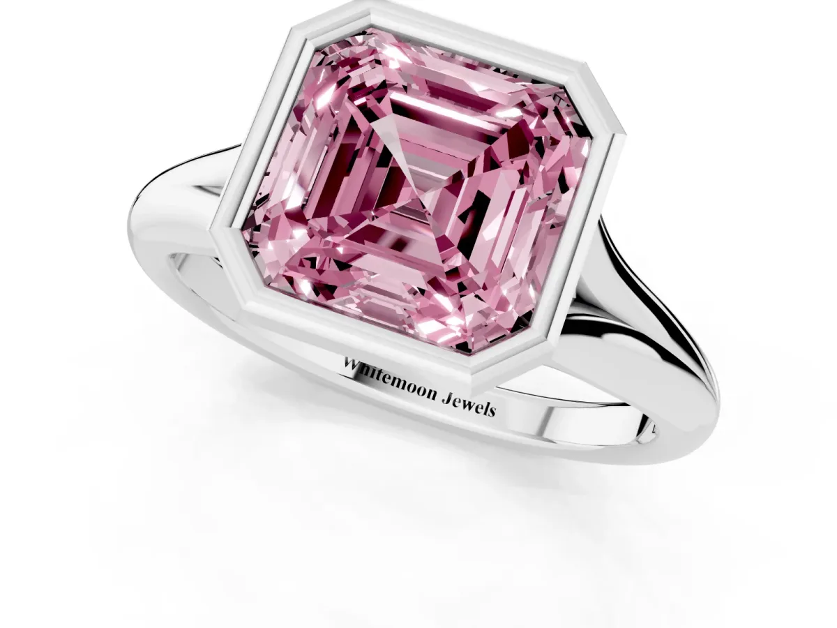 Fancy Pink Bezel Set Asscher Cut Solitaire Diamond Ring with Smooth Band Platinum
