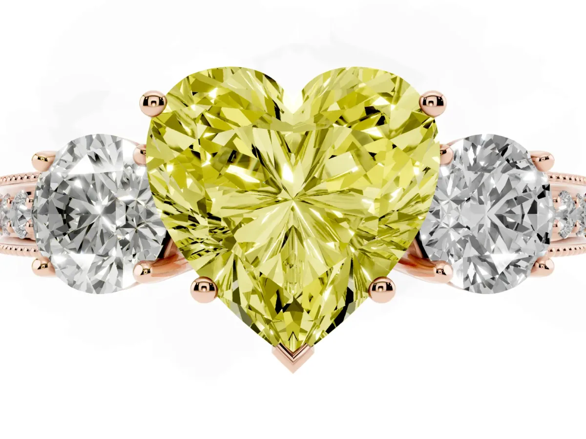 Fancy Yellow Heart Cut Three-Stone Diamond Ring with Pavé Band and Four-Prong Setting Rose gold