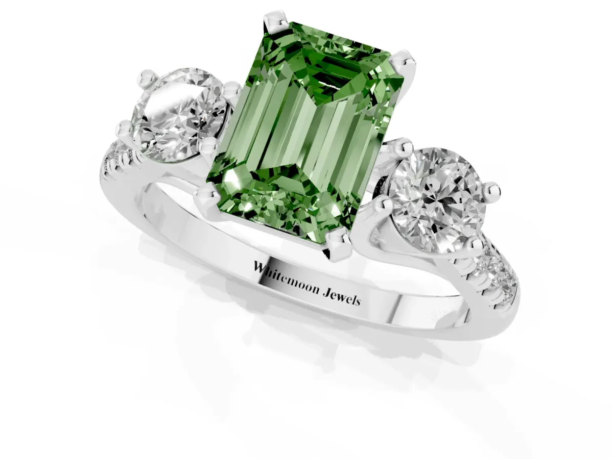 Fancy Green Three-Stone Emerald Cut Diamond Pavé Band with Four-Prong Setting Silver