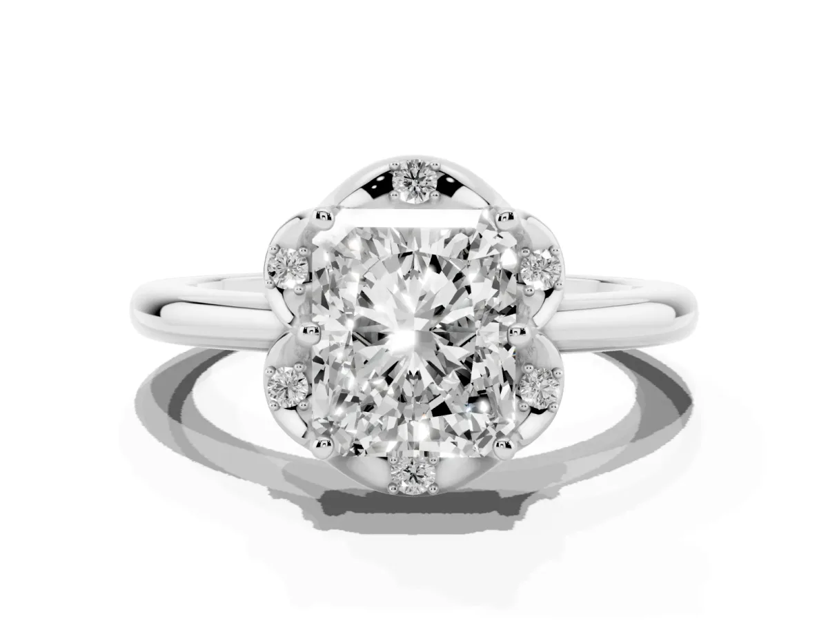 Radiant Cut Halo Diamond Ring with Round Cluster Setting, Solitaire Band, and Four-Prong Setting Silver