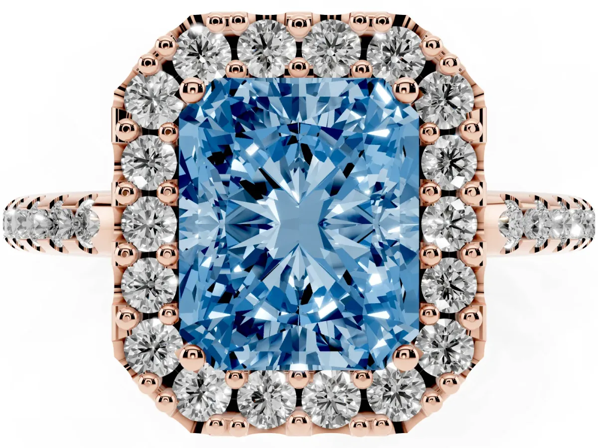 Fancy Blue Radiant Cut Diamond Pavé Halo Ring with Four-Prong Setting Rose gold