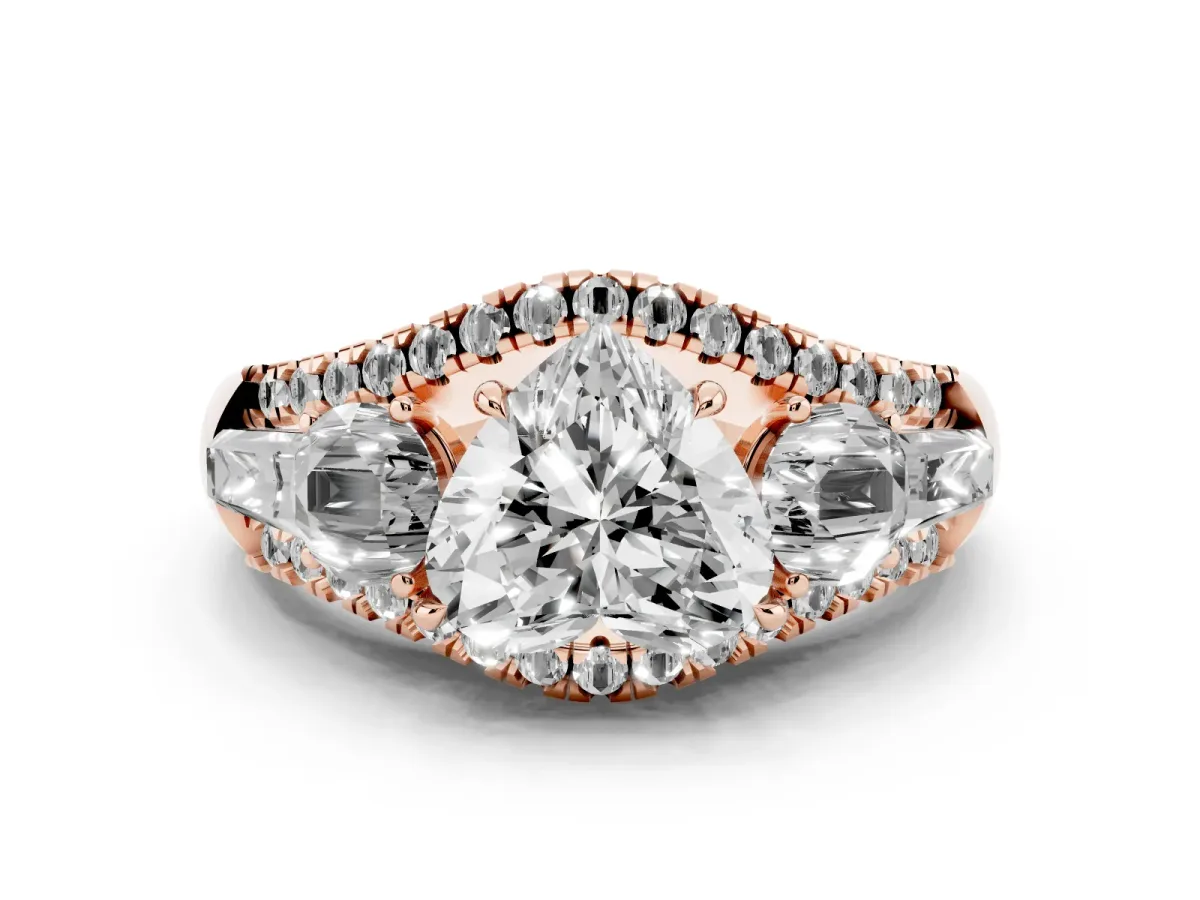 Three-Stone Heart Cut Diamond Engagement Ring with Pave Band and Prong Setting Rose gold