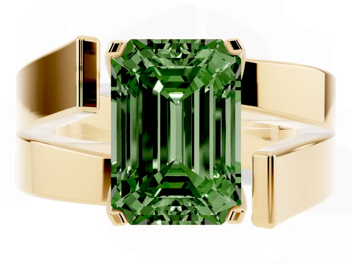 Fancy Green Modern Tension Set Emerald Cut Diamond Solitaire Wide Band Ring Yellow gold