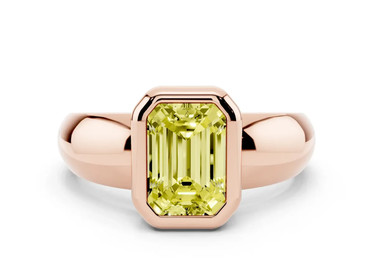 Fancy Yellow Bezel Set Emerald Cut Solitaire Ring with Wide Band Rose gold