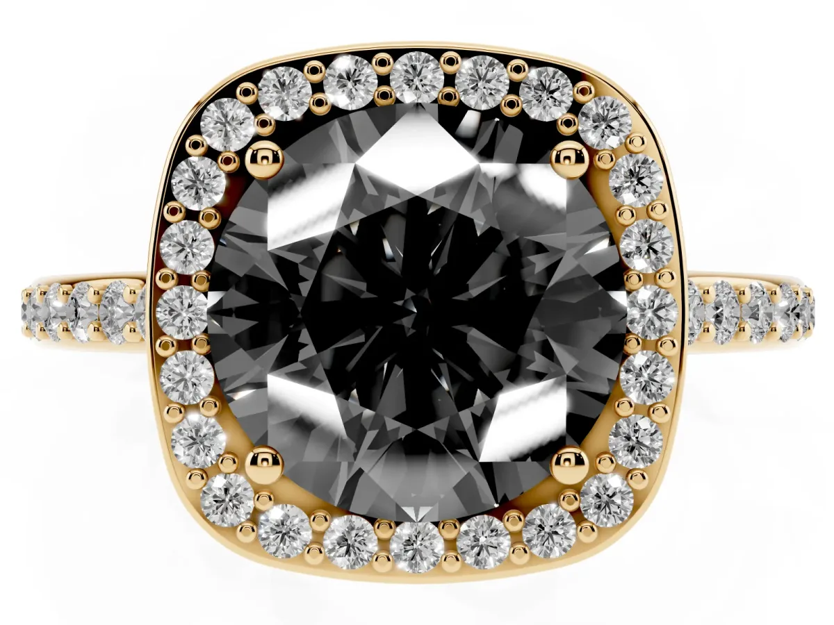 Fancy Black Round Cut Diamond Halo Engagement Ring with Round Pavé Shoulders and Prong Setting Yellow gold
