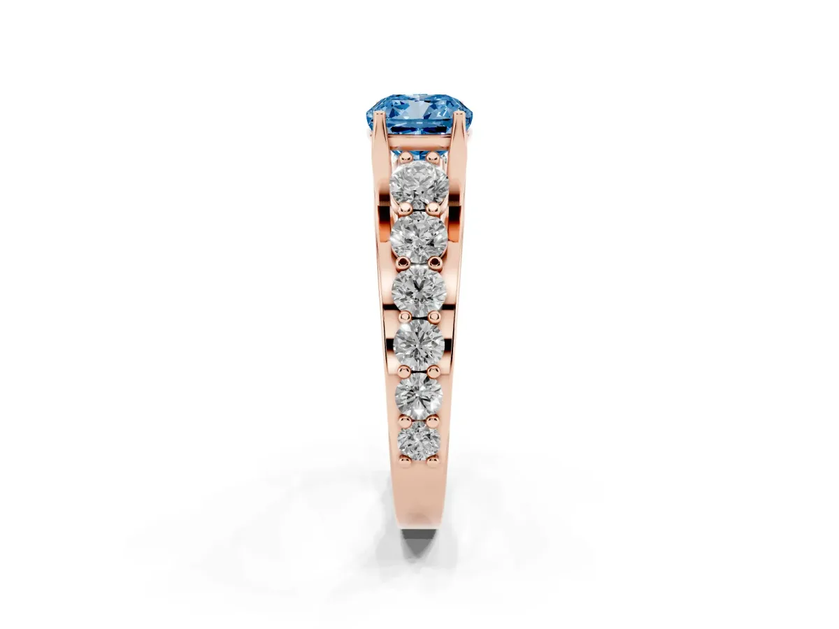 Fancy Blue Cushion Cut Diamond Engagement Ring with Pavé Band and Four-Prong Setting Rose gold