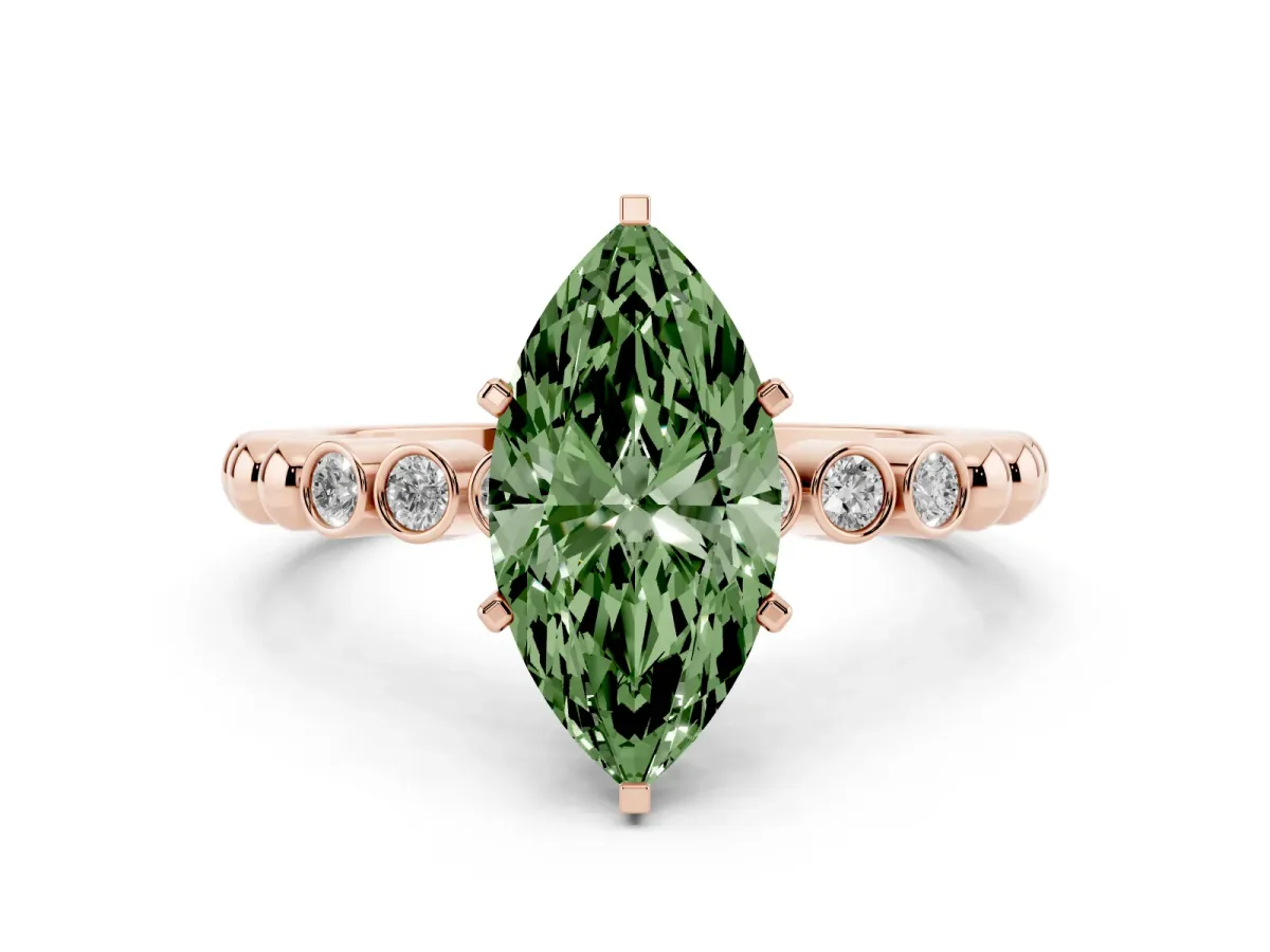 Fancy Green Marquise Cut Solitaire Bezel Accent Diamond Engagement Ring with Beaded Band and Four-Prong Setting Rose gold