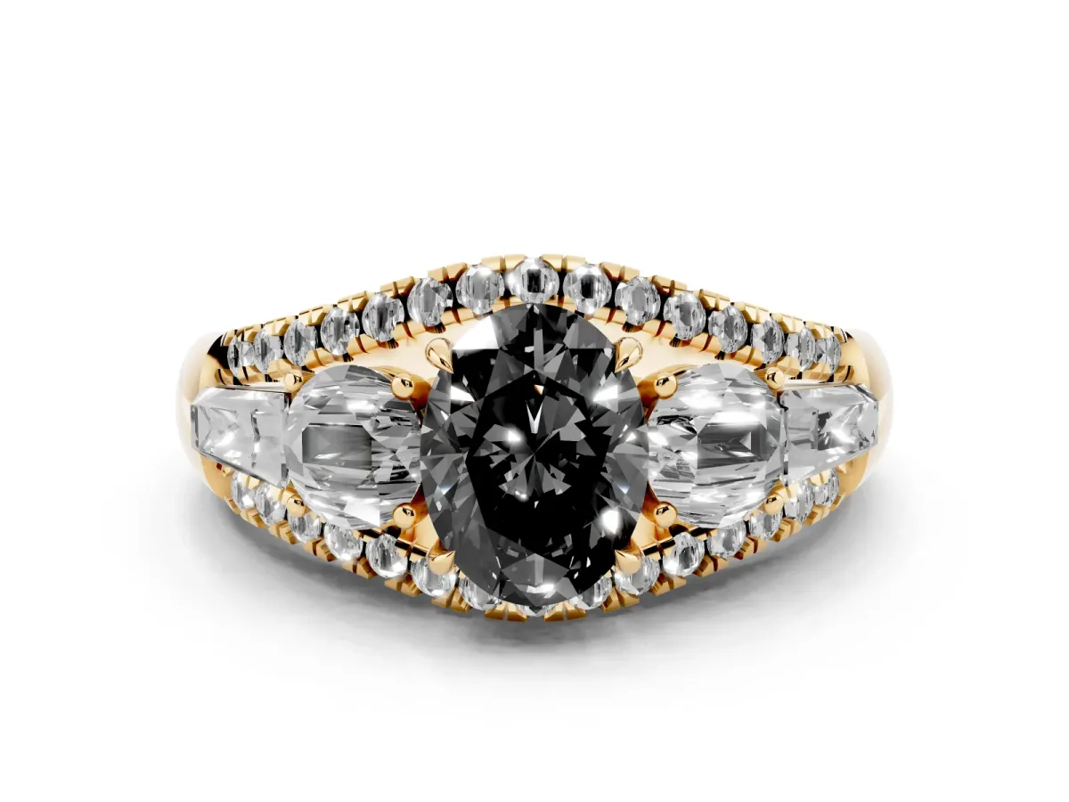 Fancy Black Three-Stone Oval Cut Diamond Engagement Ring with Pave Band and Prong Setting Yellow gold