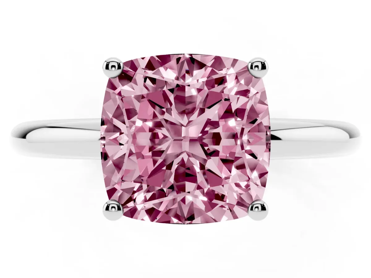 Fancy Pink Cushion Cut Cut Solitaire Engagement Ring with Four-Prong Setting and Classic Band Silver