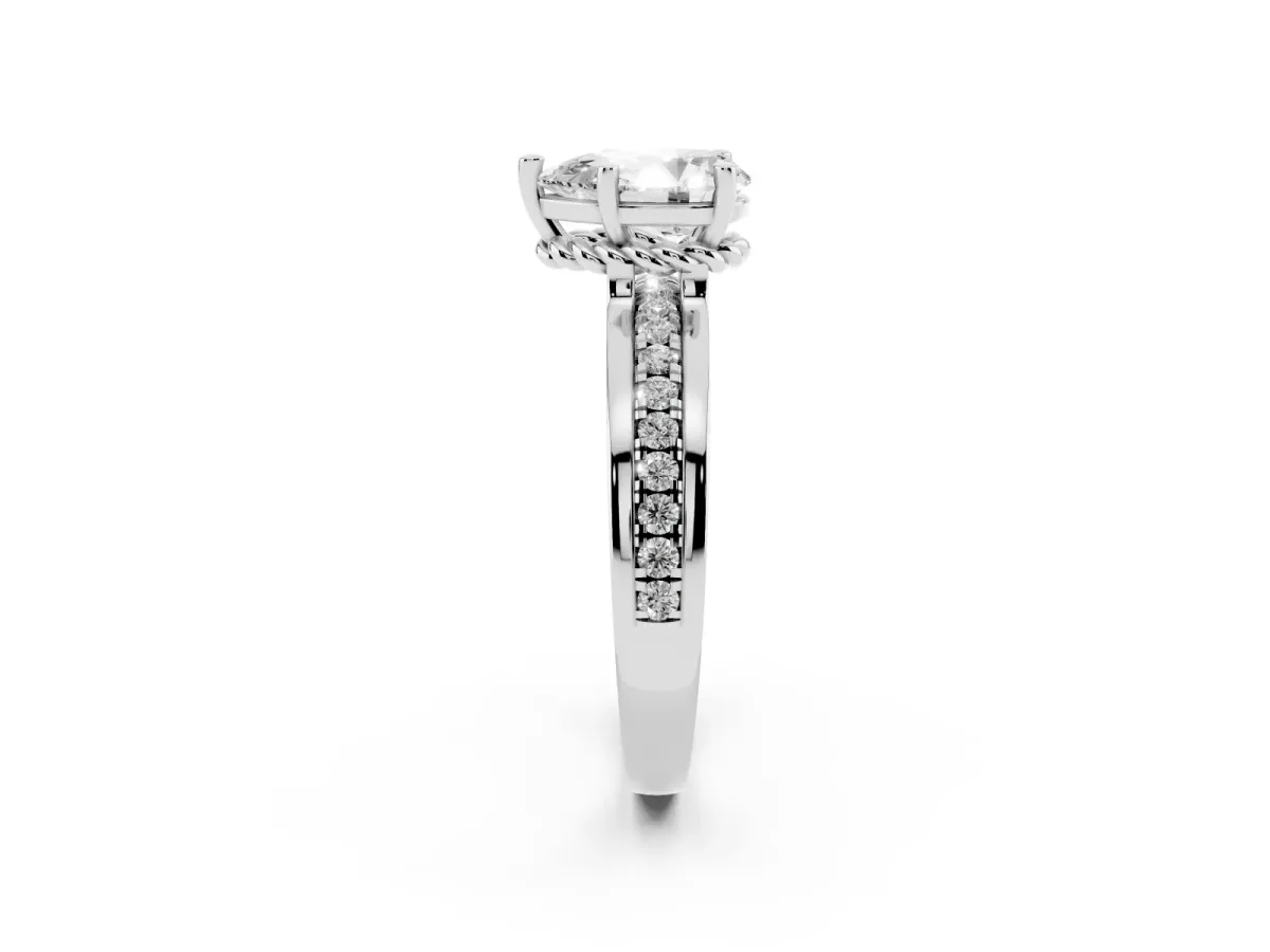 Pear Cut Solitaire Diamond Ring with Channel Set Band and Six-Prong Setting Silver