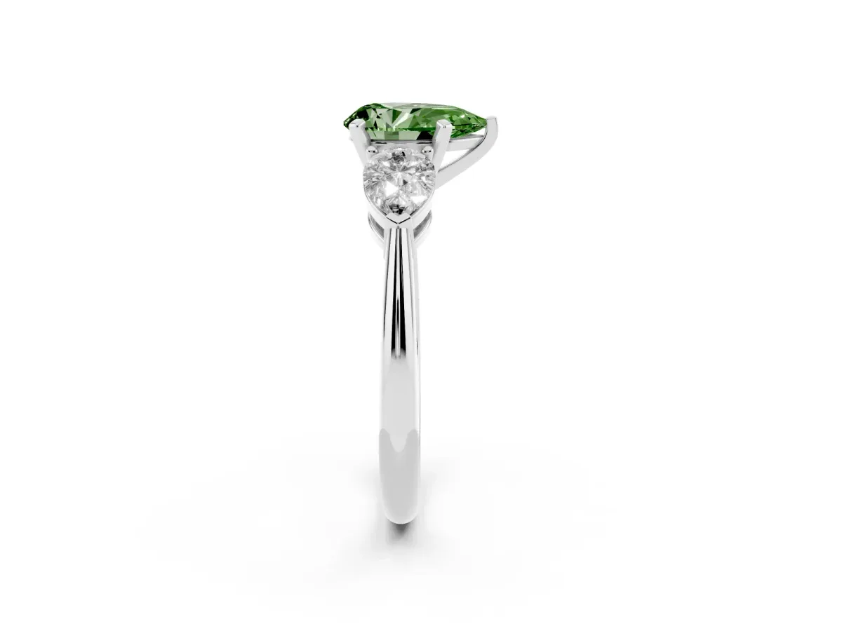 Fancy Green Three-Stone Pear Cut Diamond Ring with Pear Side Stones and Four-Prong Setting Platinum