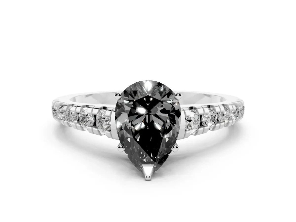 Fancy Black Pear Cut Diamond Cathedral Solitaire Ring with Round Pavé Band Platinum