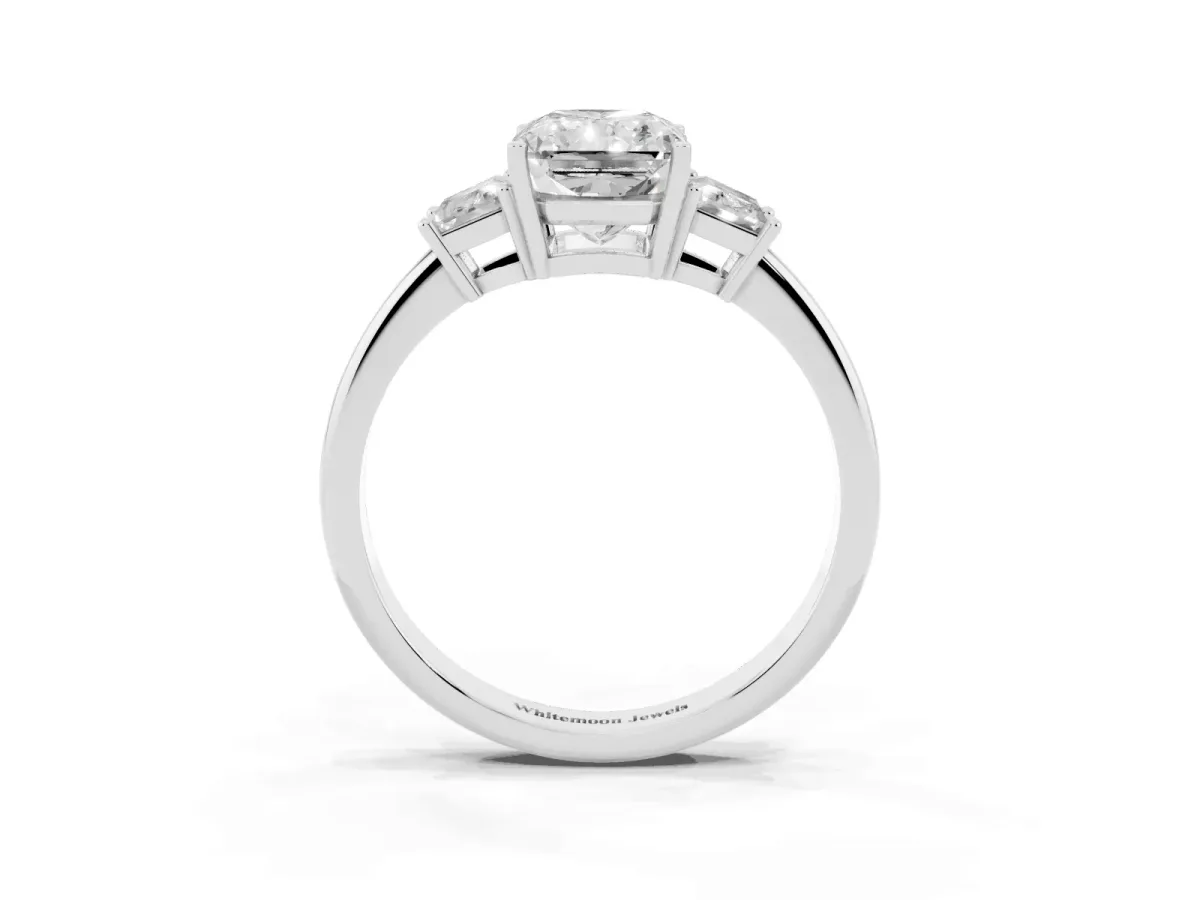 Radiant Cut Diamond Three-Stone Ring with Trapezoid Side Stones and Prong Setting Platinum