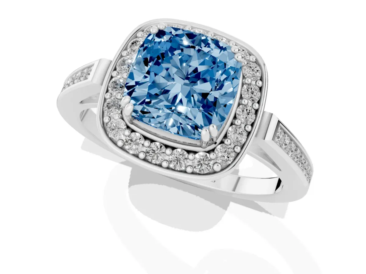Fancy Blue Cushion Cut Diamond Halo Ring with Split Shank and Four-Prong Setting Silver