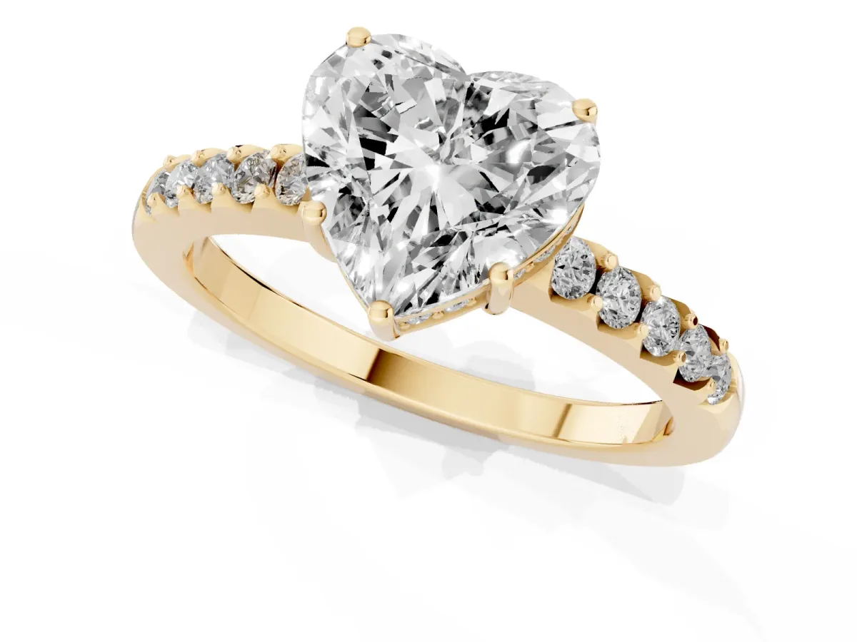 Heart Cut Solitaire Diamond Engagement Ring with Pavé Band and Six-Prong Setting Yellow gold