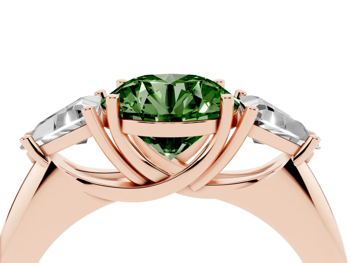 Fancy Green Three-Stone Round Cut Diamond Engagement Ring with Trillion Side Stones and Prong Setting Rose gold