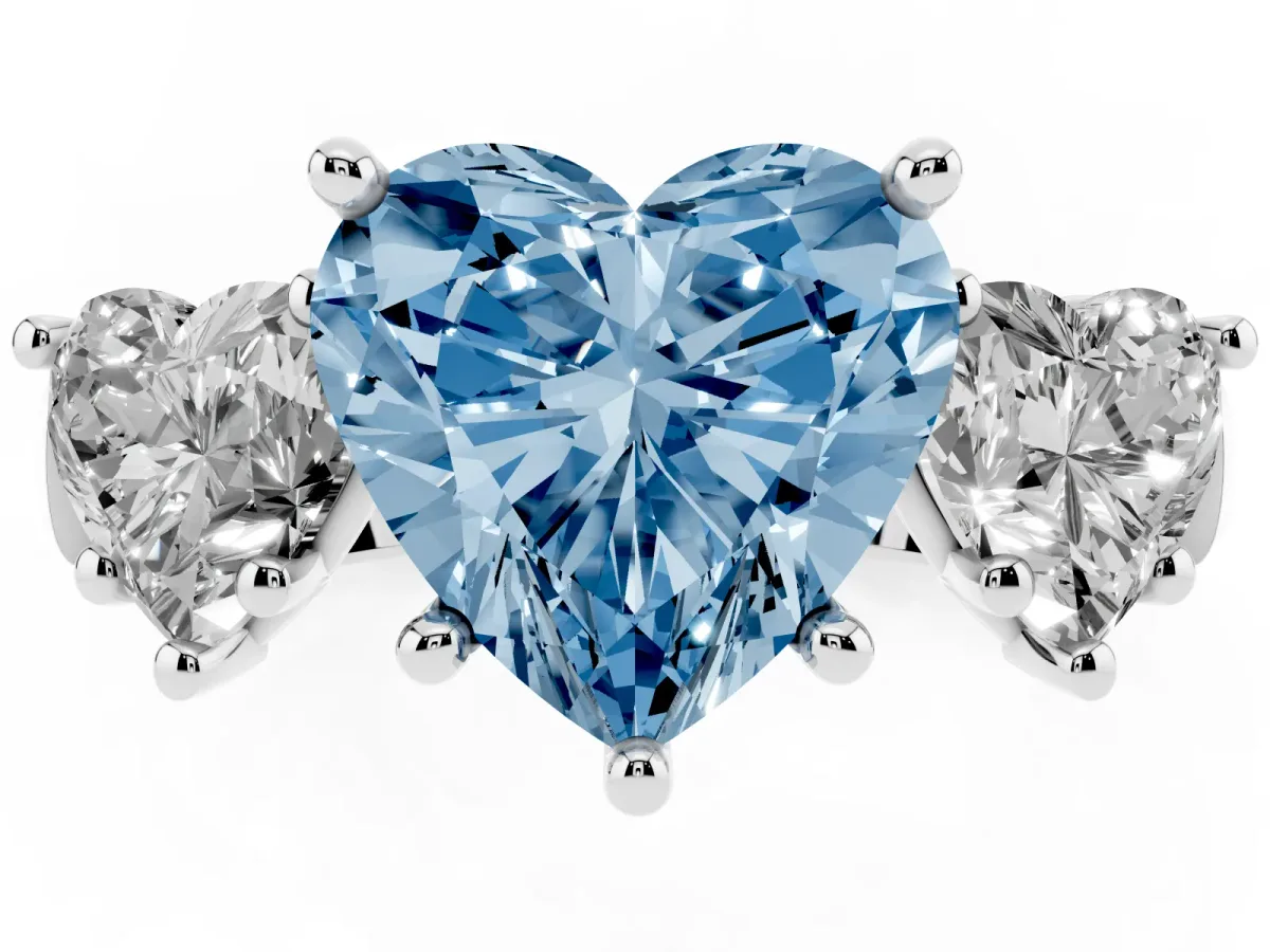 Fancy Blue Three-Stone Heart Cut Brilliant Diamond Trellis Ring with Comfort Fit Band Platinum