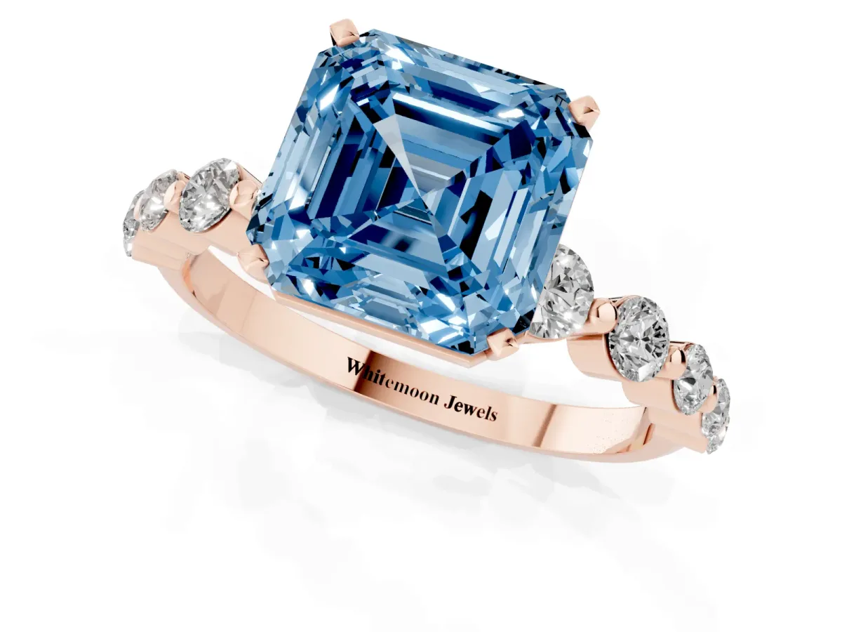 Fancy Blue Asscher Cut Solitaire Diamond Ring with Pave Band and Four-Prong Setting Rose gold