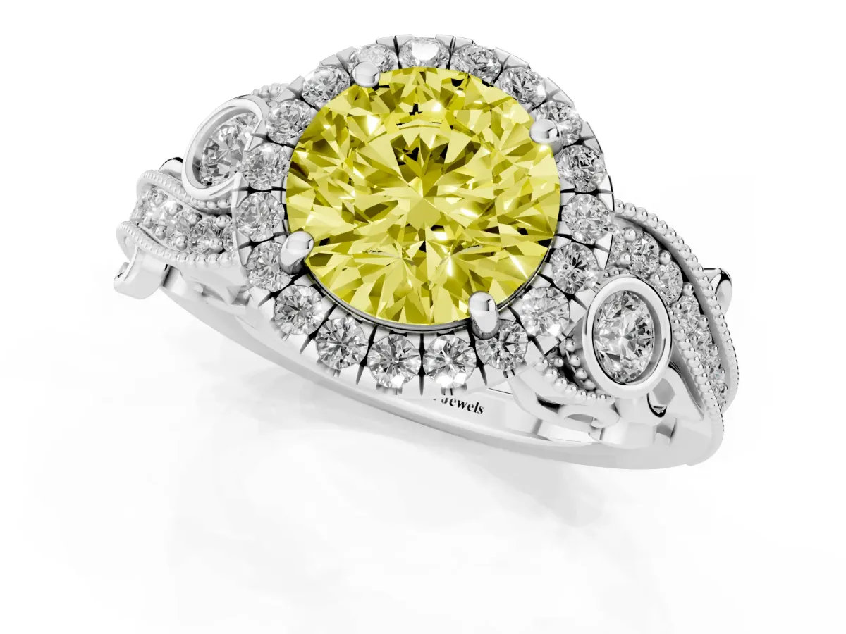 Fancy Yellow Round Cut Diamond Halo Ring with Milgrain Pavé Band and Four-Prong Setting Silver
