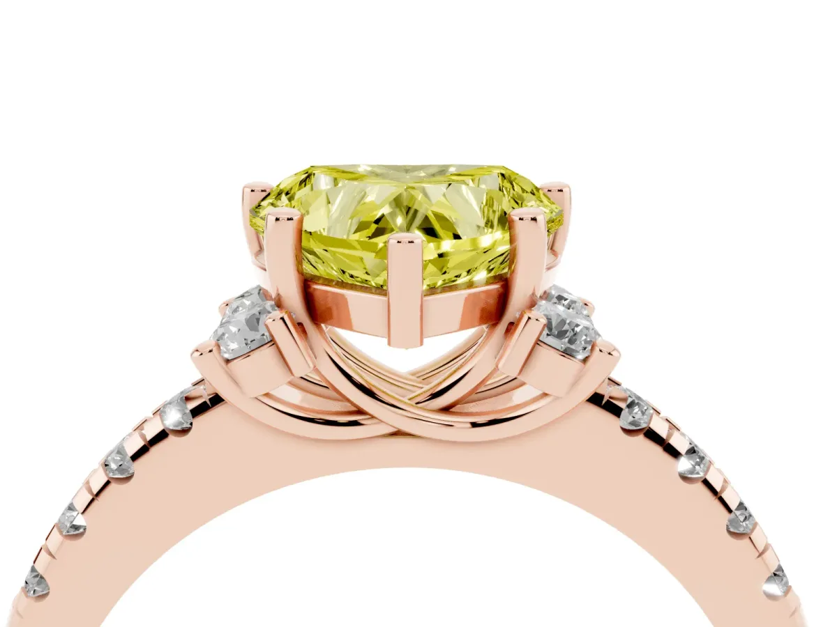 Fancy Yellow Heart Cut Diamond Three-Stone Pave Band with Four-Prong Setting Rose gold